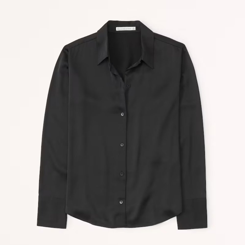 Abercrombie Long-Sleeve Satin Button-Up Shirt Black Size M